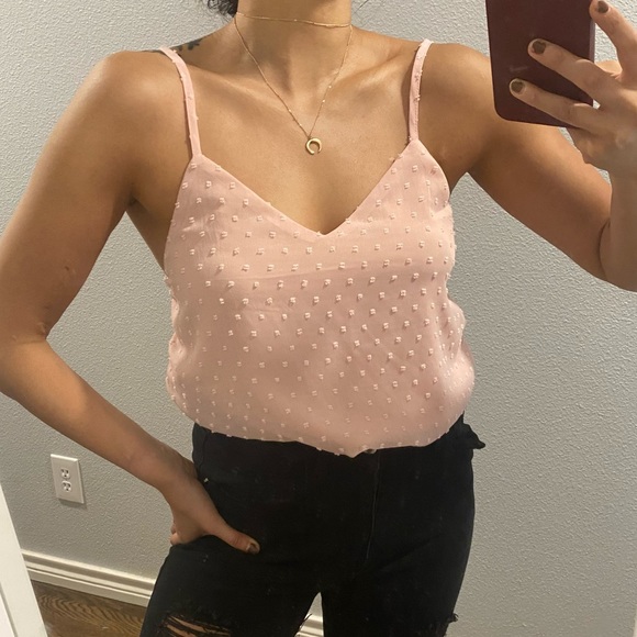 Small /4 Swiss Dot Cami Top baby Pink V neck tank top spaghetti strap - Picture 4 of 4
